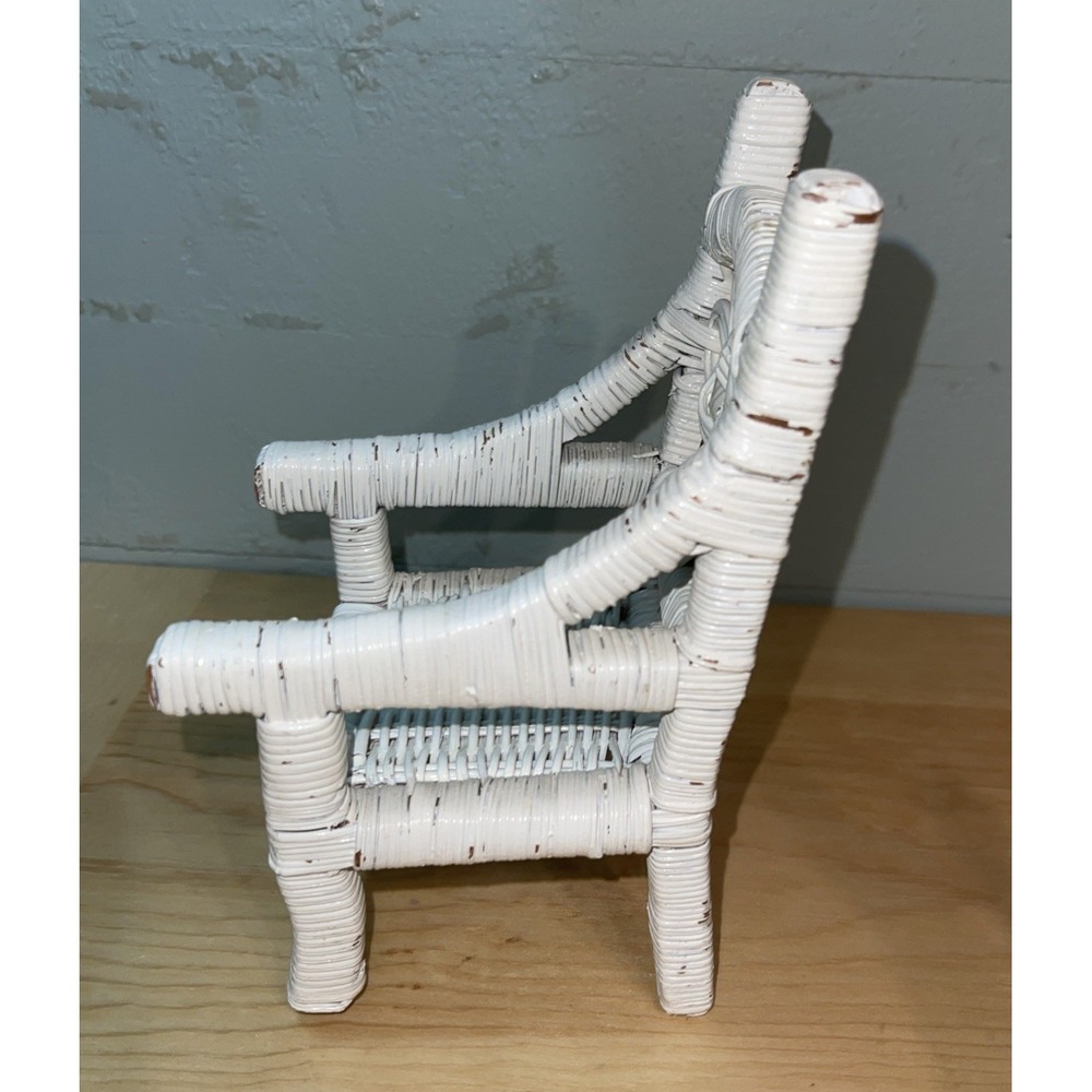 Vintage White Wicker Doll Chair, Stuffed Animal Chair Plant Stand Boho Shabby 7" - Picture 5 of 8